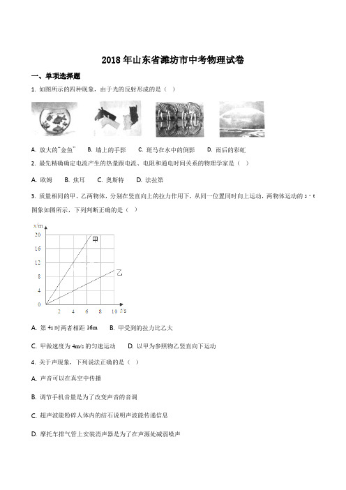 山东省潍坊市2018年中考物理试题及答案