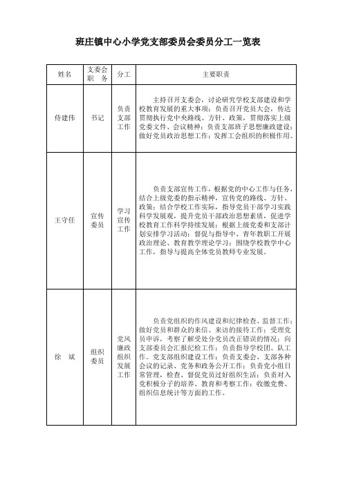 班庄镇中心小学党支部委员会委员分工一览表