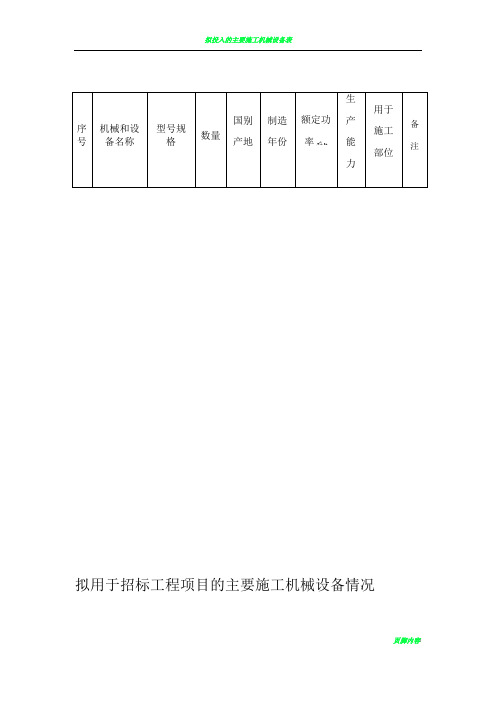 拟用于招标工程项目的主要施工机械设备情况