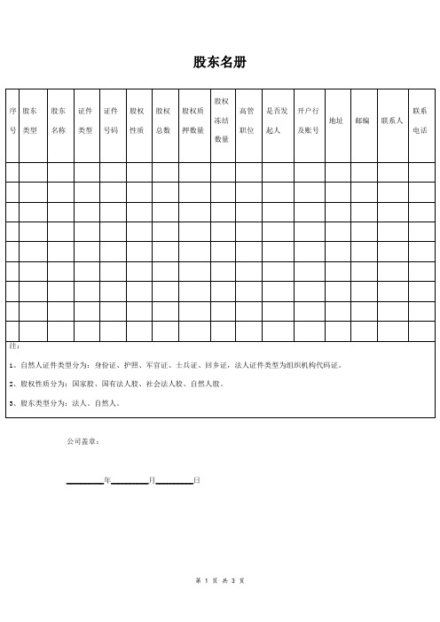 股东名册范本 通用版