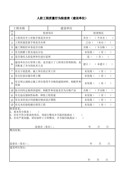 人防工程质量行为检查表(建设单位)