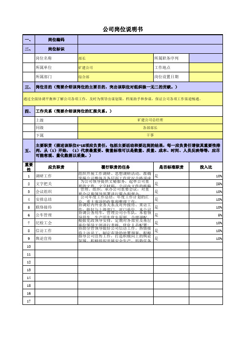 央企煤炭矿建公司岗位职责梳理表综合部-部长