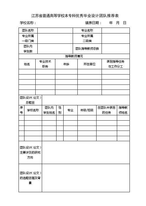 江苏省普通高等学校本专科优秀毕业设计团队推荐表