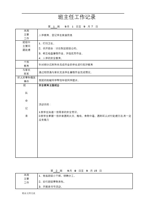 班主任工作记录周表