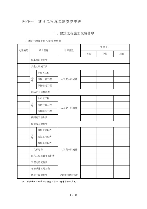 一建设工程施工取费费率表