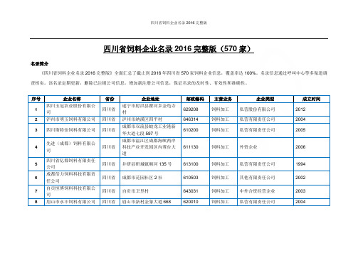 四川省饲料企业名录2016完整版