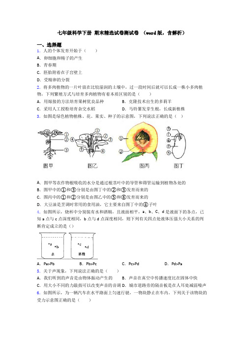 七年级科学下册 期末精选试卷测试卷 (word版,含解析)