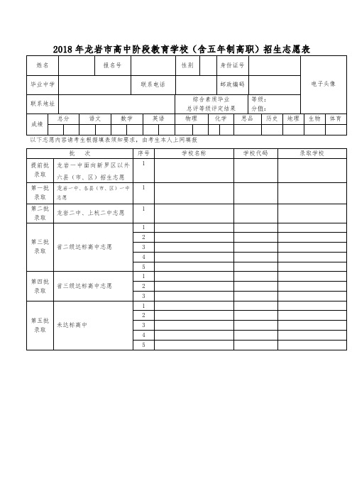 2018年龙岩高中阶段教育学校含五年制高职招生志愿表