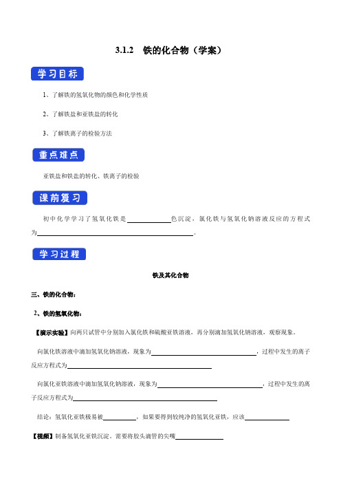 高中化学必修一 第三章第一节 铁的氢氧化物 铁盐和亚铁盐学案