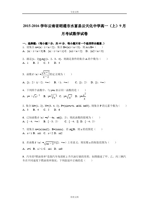 【解析】云南省昭通市水富县云天化中学2015-2016学年高一上学期9月月考试数学试卷 Word版含解析[ 高考]