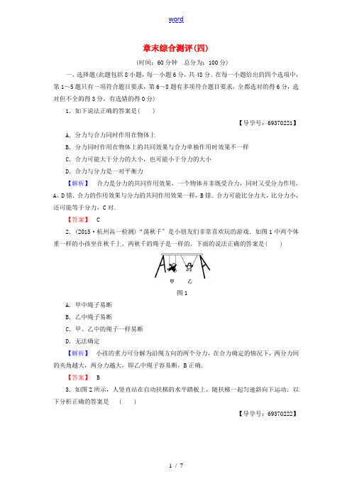 高中物理 第4章 怎样求合力与分力章末综合测评 沪科版必修1-沪科版高一必修1物理试题