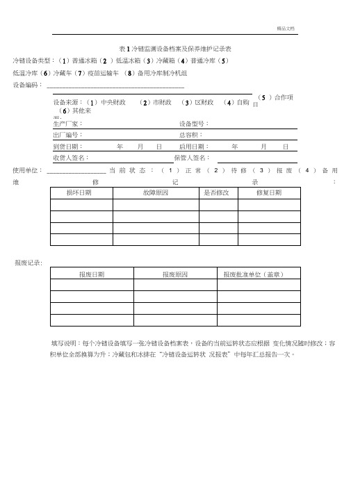 冷链监测设备档案及保养维护记录表