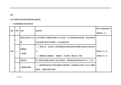 杭州市普通住宅物业菜单式服务参考收费标准