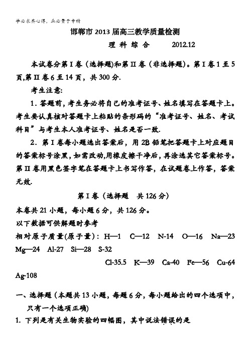 河北省邯郸市2013届高三教学质量检测理综 含答案