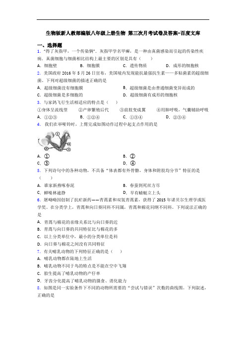 生物版新人教部编版八年级上册生物 第三次月考试卷及答案-百度文库