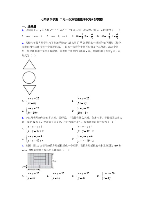 七年级下学期 二元一次方程组数学试卷(含答案)