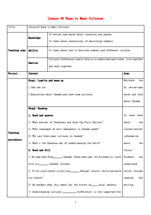 最新冀教版九年级英语下册Lesson46HometoManyCultures精品教案(1)