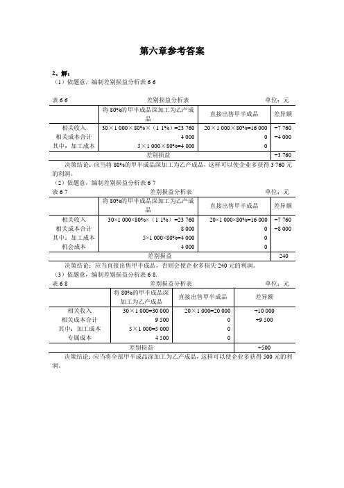 《管理会计》第六章计算题作业答案