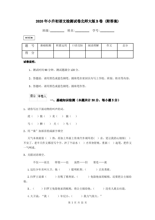 2020年小升初语文检测试卷北师大版B卷 (附答案)