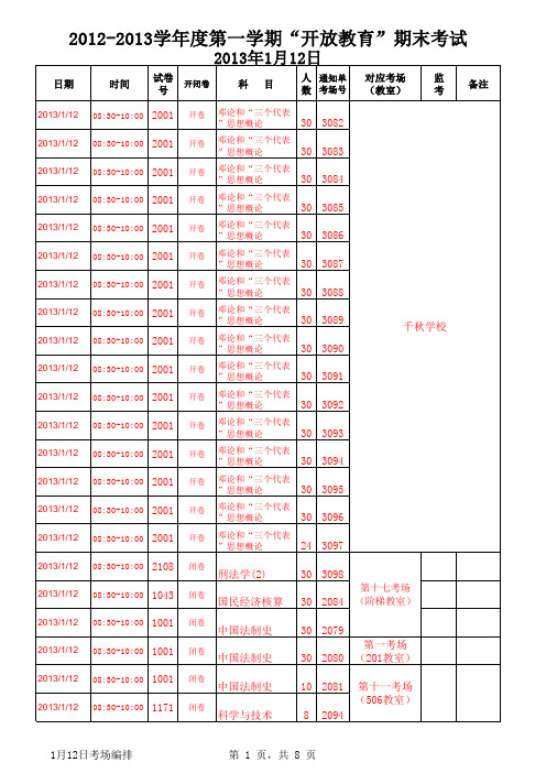 12秋期末考试考场编排