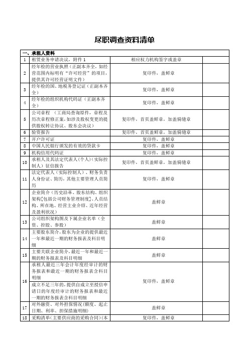 承租人提交尽职调查资料清单