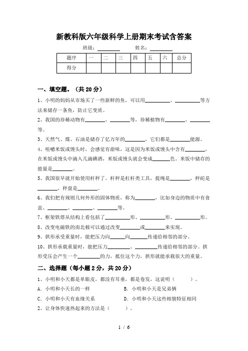 新教科版六年级科学上册期末考试含答案