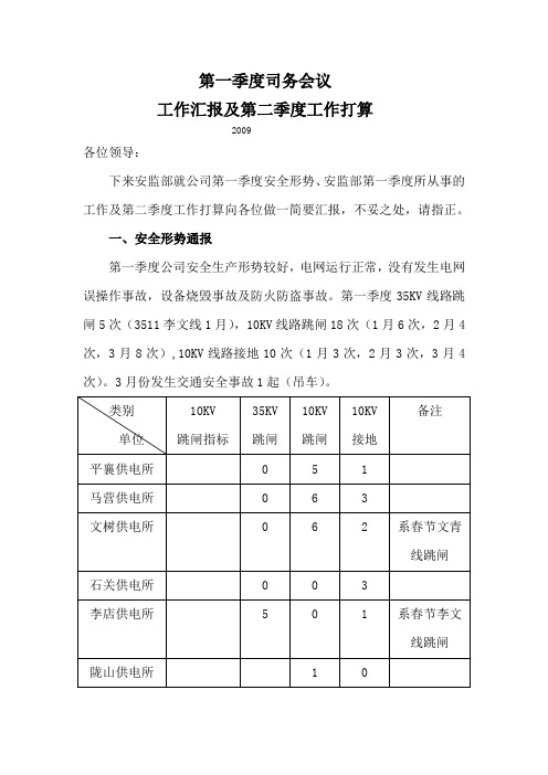 09年第一季度司务会议工作汇报