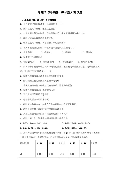 仁爱版化学九年级下册专题7《初识酸、碱和盐》测试试题(含答案)