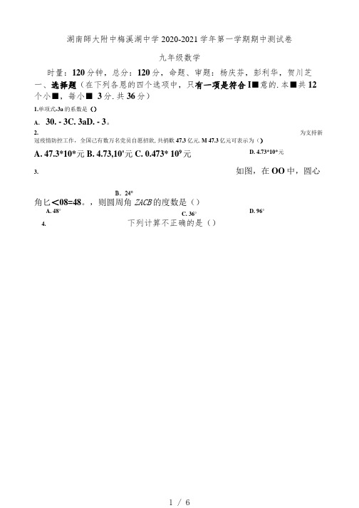 湖南省长沙市师大附中梅溪湖中学2020-2021学年第一学期九年级数学期中测试卷