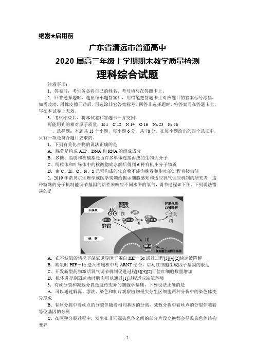 2020届广东省清远市高三上学期期末教学质量检测理科综合试题及答案解析