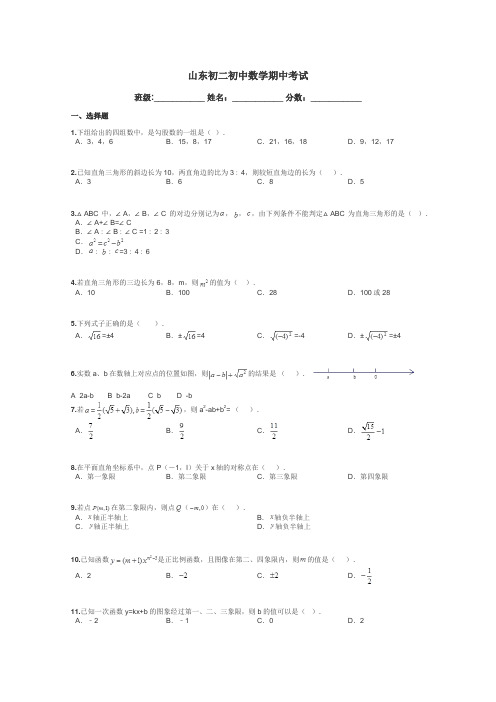 山东初二初中数学期中考试带答案解析
