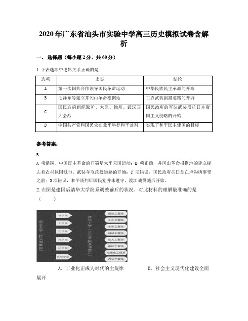 2020年广东省汕头市实验中学高三历史模拟试卷含解析