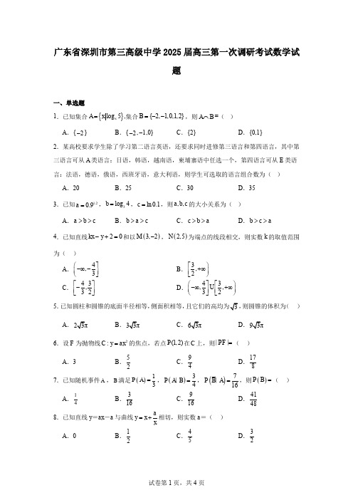 广东省深圳市第三高级中学2025届高三第一次调研考试数学试题