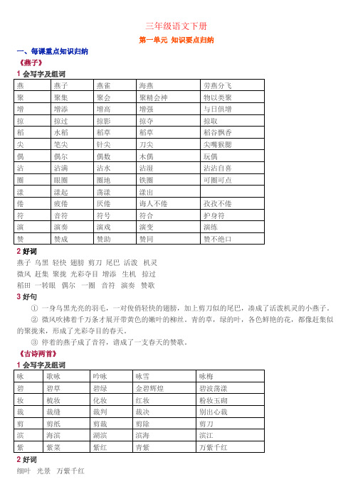 【最新】人教版三年级语文下册知识要点归纳