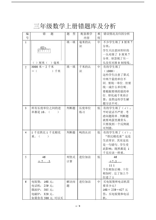 小学三年级数学上册错题库及分析.docx