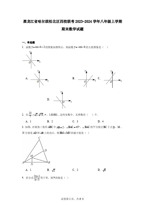 黑龙江省哈尔滨松北区四校联考2023-2024学年八年级上学期期末数学试题