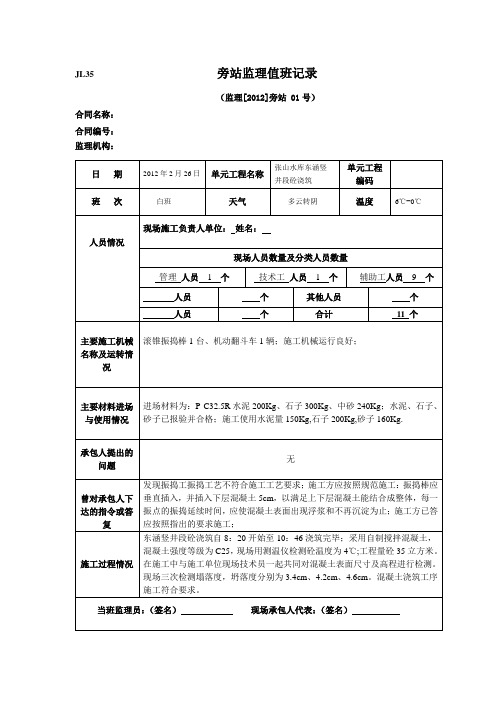 混凝土旁站值班监理记录