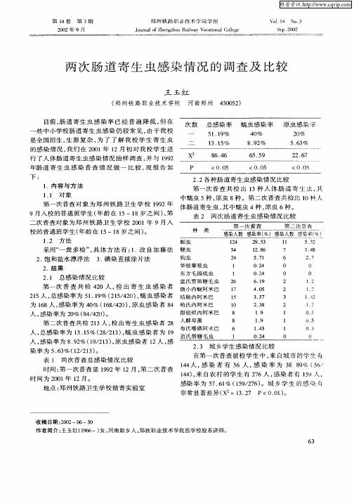 两次肠道寄生虫感染情况的调查及比较