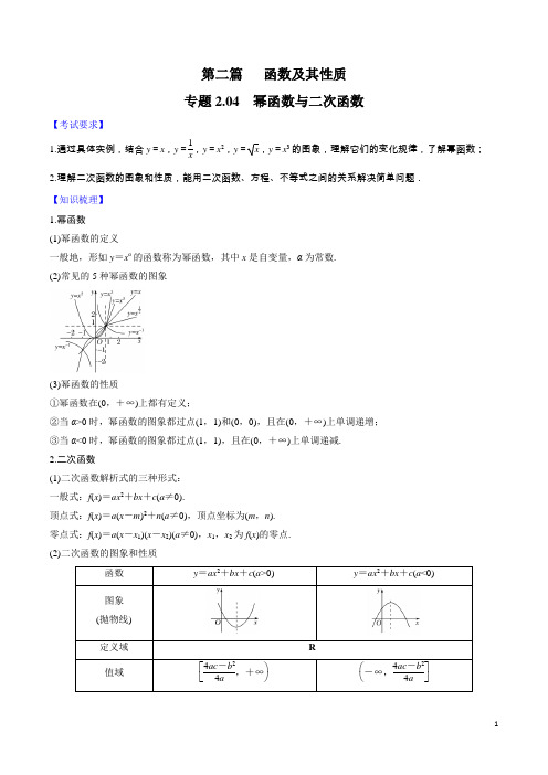 【精品】2020年高考数学一轮复习对点提分专题2.4 幂函数与二次函数   (文理科通用)(学生版)