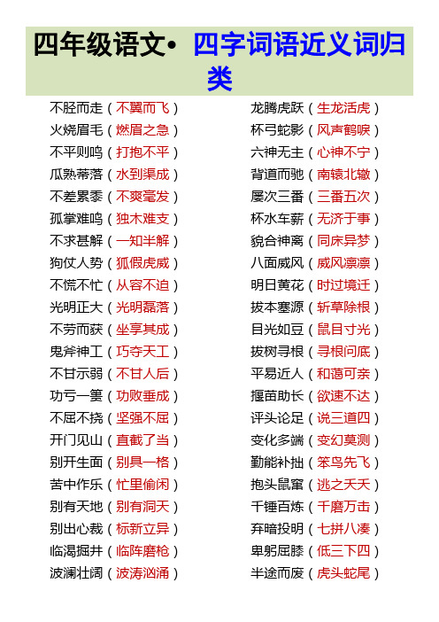 四年级语文 四字词语近义词归类