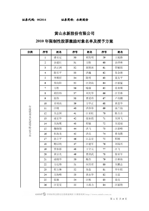 黄山永新股份有限公司2010年限制性股票激励对象名单及授予方案