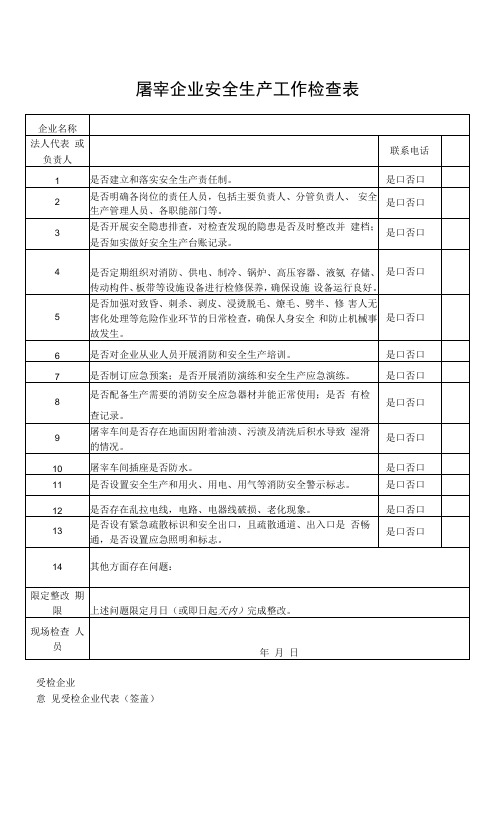 屠宰企业安全生产工作检查表