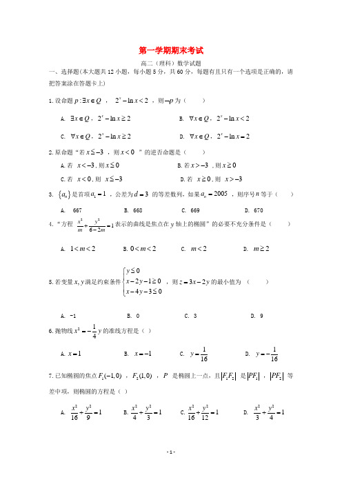 甘肃省2020学年高二数学上学期期末考试试题理 