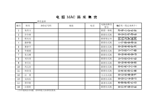 电 脑 MAC 码 采 集 表