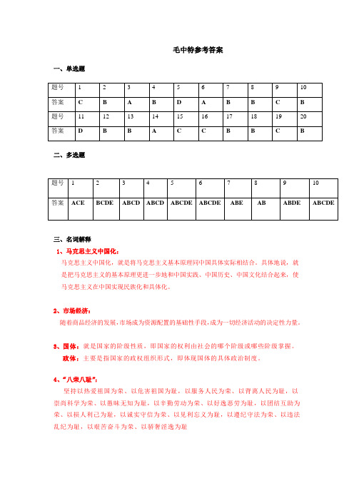 毛中特参考答案