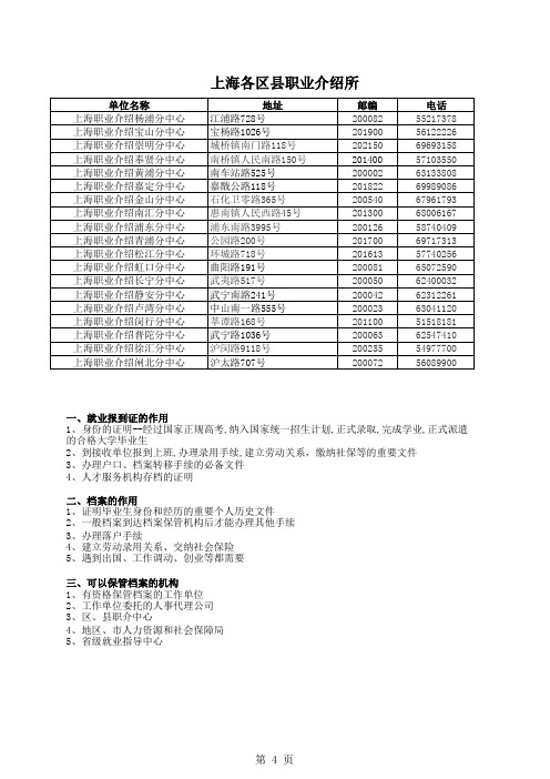 上海市职业介绍中心XX分中心(上海各区县职业介绍所) & 报到证、档案、档案保管机构