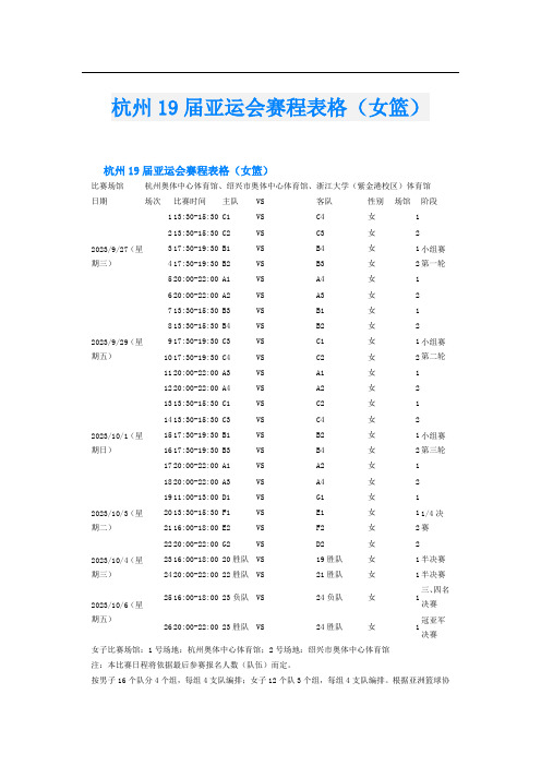 杭州19届亚运会赛程表格(女篮)