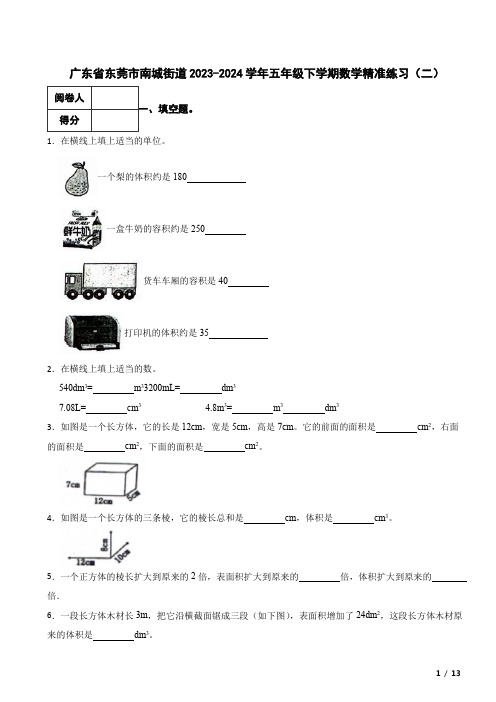 广东省东莞市南城街道2023-2024学年五年级下学期数学精准练习试卷(二)解析版