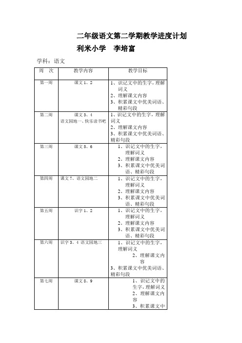 二年级语文下册教学进度计划表