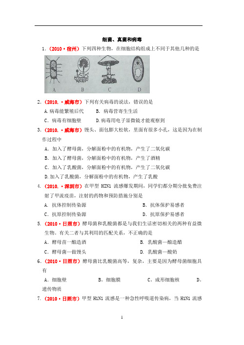 2010年中考生物真题汇编——细菌、真菌和病毒